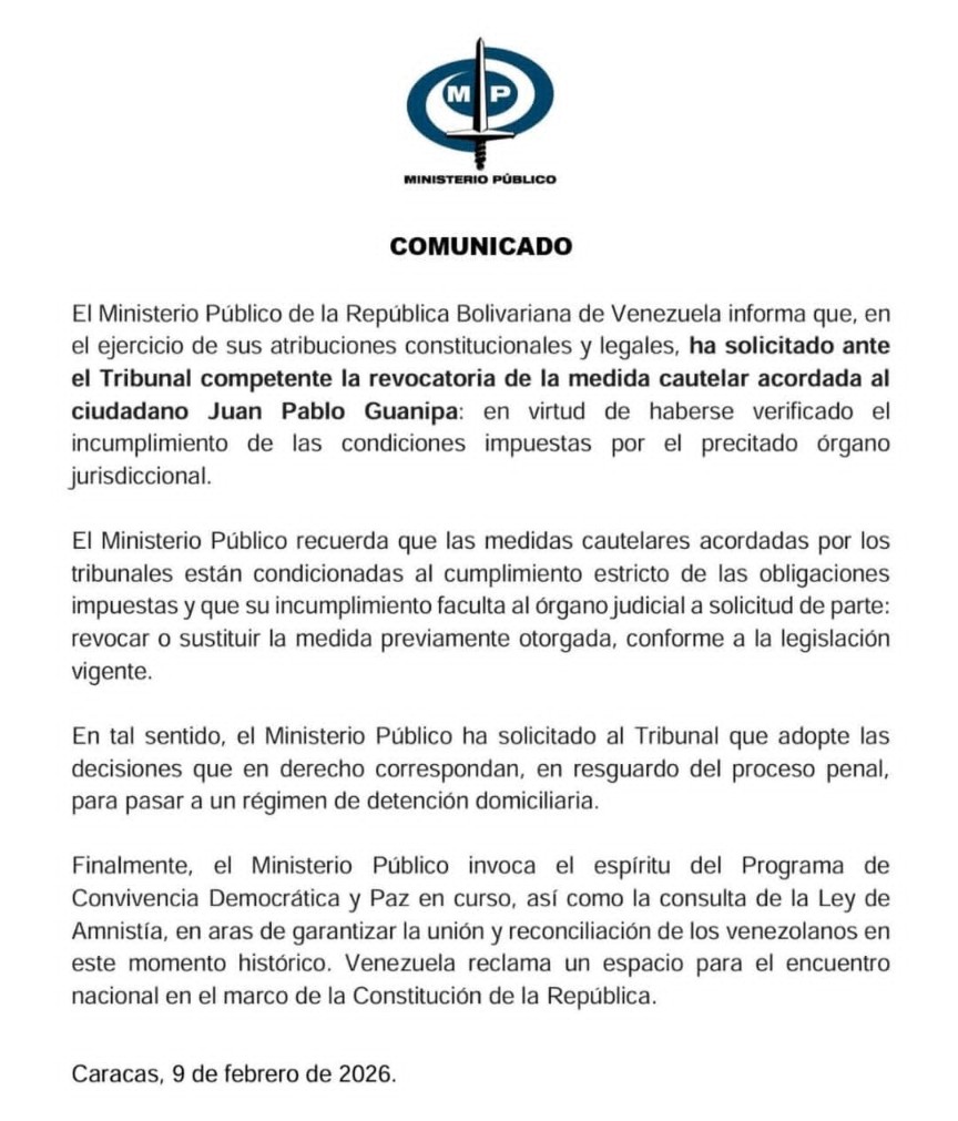 sntpvenezuela's tweet photo. El Ministerio Público informó la madrugada de este #09Feb que solicitó al tribunal la revocatoria de la cautelar que le permitió salir de la cárcel a Juan Pablo Guanipa.
Le imponen un régimen de detención domiciliaria, es decir, casa por cárcel https://t.co/M0I50Pxdfa