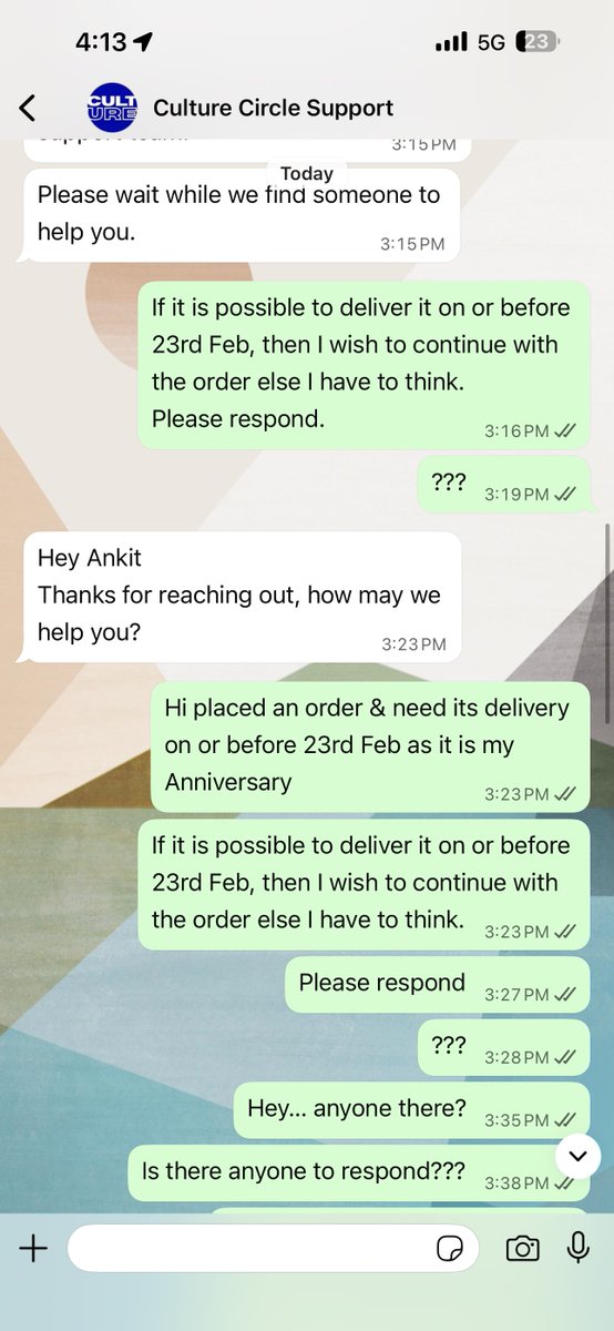 AnkitVerma03's tweet photo. @culturecircIe Your Customer team is very poor in response. Within 15 minutes of order placing I raised the delivery concern and with very poor response I asked to cancel the order within 1 hour of order. Suddenly I get the message seller has accepted &amp; cancelation not possible https://t.co/7V6ZcOu1OO
