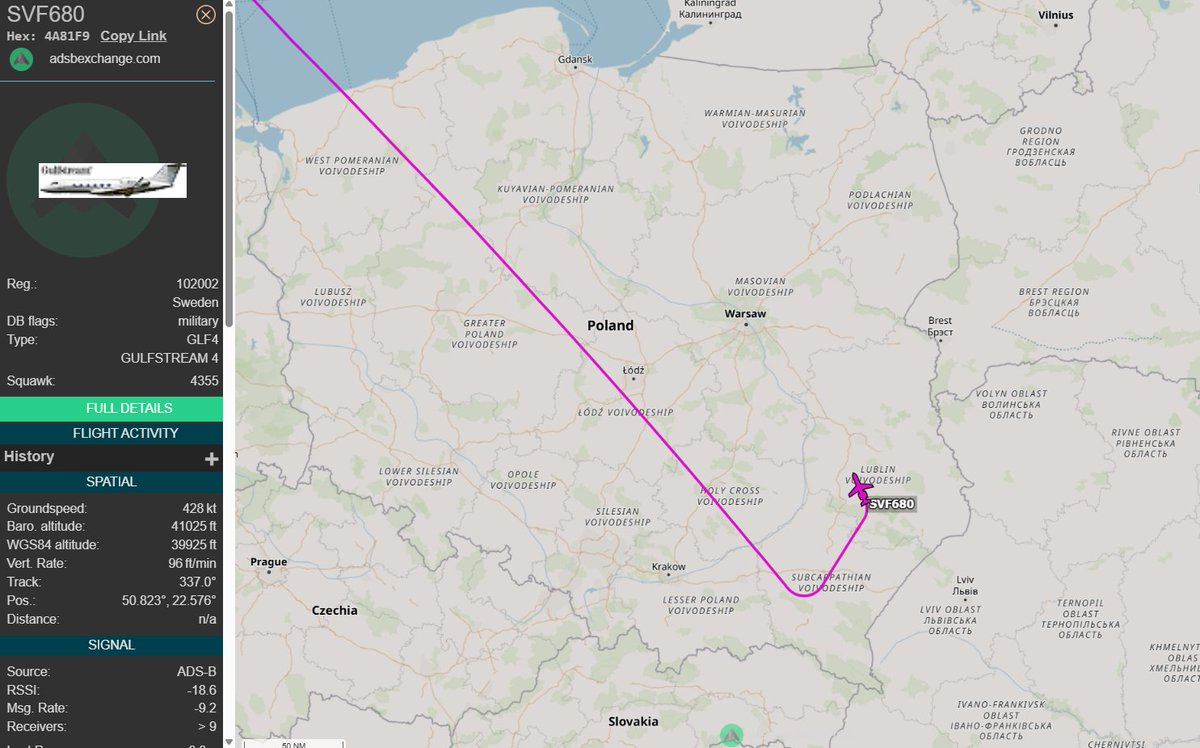 PolishMilRadar's tweet photo. 📅 09.02 🕒 11:57LT - 🇸🇪✈️ Korpen prowadzi zwiad nad Polską 🇵🇱
Misję zwiadowczą/rozpoznawczą w polskiej przestrzeni powietrznej rozpoczął ✈️ #SVF680 Gulfstream S102B Korpen "102002" Sił Powietrznych Szwecji 🇸🇪, który wystartował z Bazy Lotniczej Malmen #ESCF 🇸🇪.
🔗 Link do śledzenia w komentarzu ⬇️
#POLMILRADAR