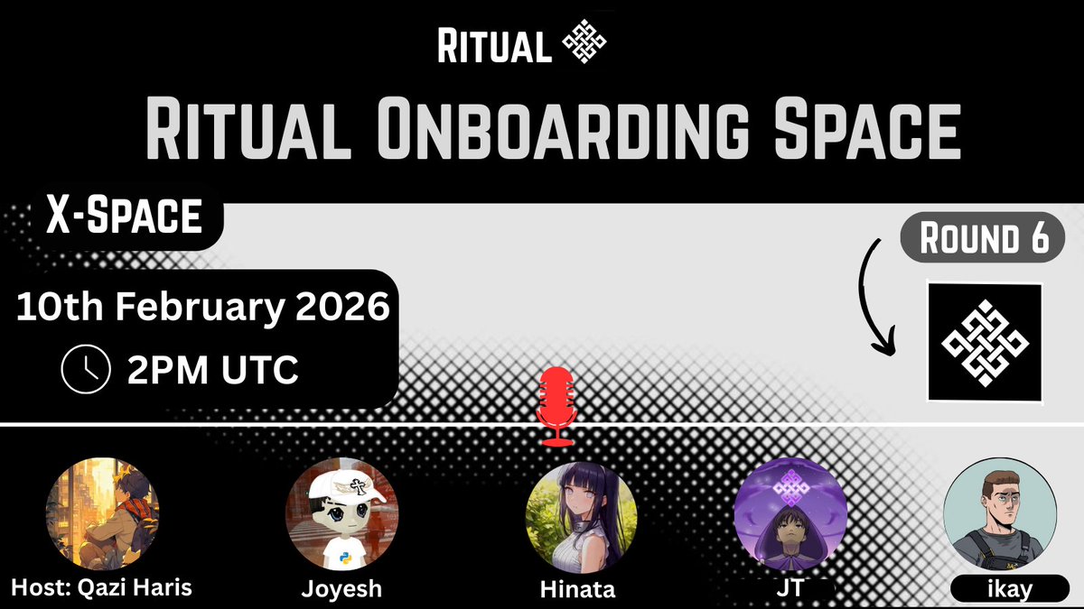 Ritual Onboarding Space Episode 6 is almost here.

Do join us on this upcoming Tuesday at 2pm UTC for another interactive session.

This time we will be covering :

1⃣- Recap of Ritual Academy Session 2.
2⃣- How Schedules Transaction work at Ritual.
3⃣- Contribution part &amp; QNA
