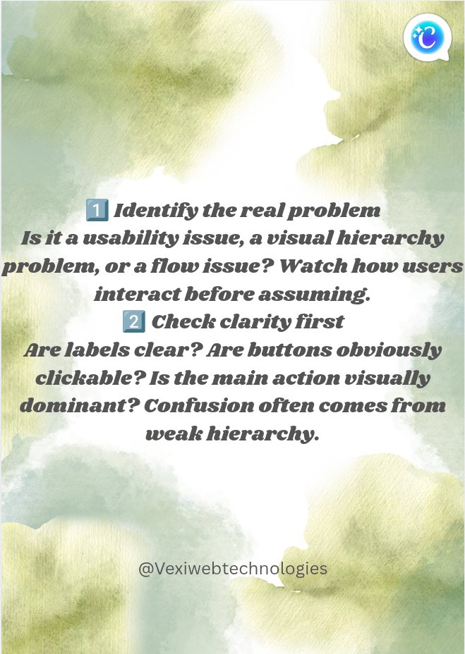 vexiweb1's tweet photo. Fixing a UI/UX issue isn’t about making it prettier.
It’s about: • Finding the real usability problem
• Reducing friction
• Making actions clearer
• Giving better feedback
Good UX removes hesitation.
#UIUX #UXDesign #ProductDesign #UXTips https://t.co/HarbYvvyxd
