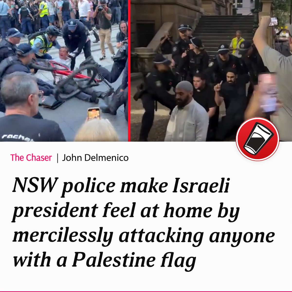 chaser's tweet image. "Luckily the police seemed more than excited to step in and get as violent as needed to make sure he doesn't feel homesick" - Premier Minns