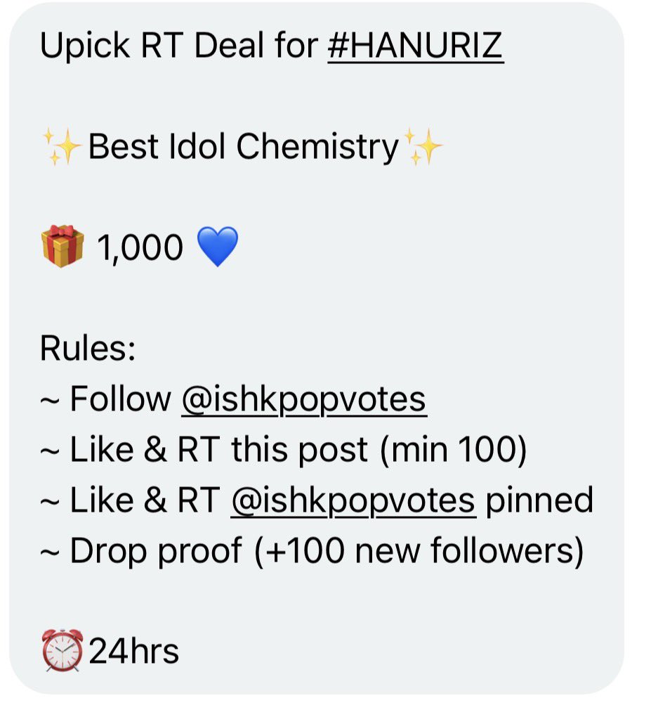 angelixblue's tweet image. Upick RT Deal for #HANURIZ

✨Best Idol Chemistry✨

🎁 1,000 💙

Rules:
~ Follow @ishkpopvotes 
~ Like &amp;amp; RT this post (min 100) 
~ Like &amp;amp; RT @ishkpopvotes pinned
~ Drop proof (+100 new followers)

⏰24hrs