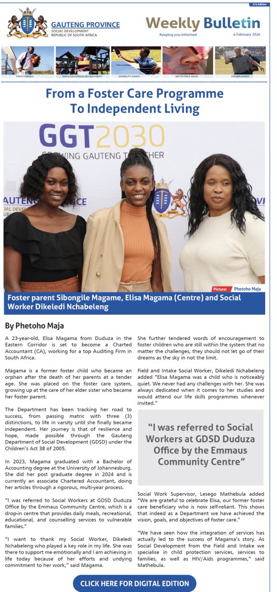 Elisa Magama, an associate CA doing her articles through <a href="/go2uj/">University of Johannesburg</a>, has been under <a href="/gpgSocDev/">Social DevelopmentGP</a> Foster Care System and wishes to thank Social Woker Nchabeleng for her efforts and commitment. 

Our 574 Edition has more insight 
gauteng.gov.za/socdev/Publica…

#SocDevOutandAbout #GGT