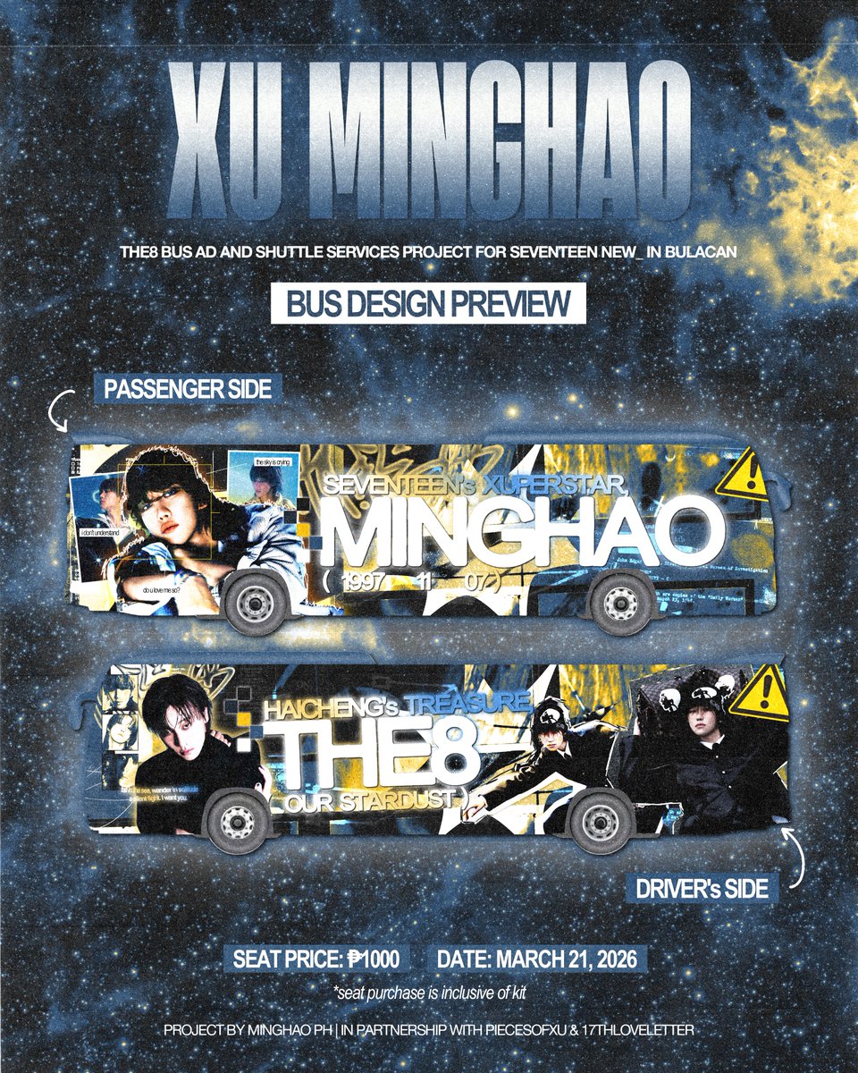 🚦Turning heads, one stop at a time—say hello to #THE8 Bus! 😎

THE8 Bus design preview is here! Ready to see this rolling the streets of Manila &amp; Bulacan? 😉

Few seats left, book yours now!
🔗 tinyurl.com/xmhphbus-regis…

#XMHPHBUS #THE8 #디에잇 #SEVENTEEN