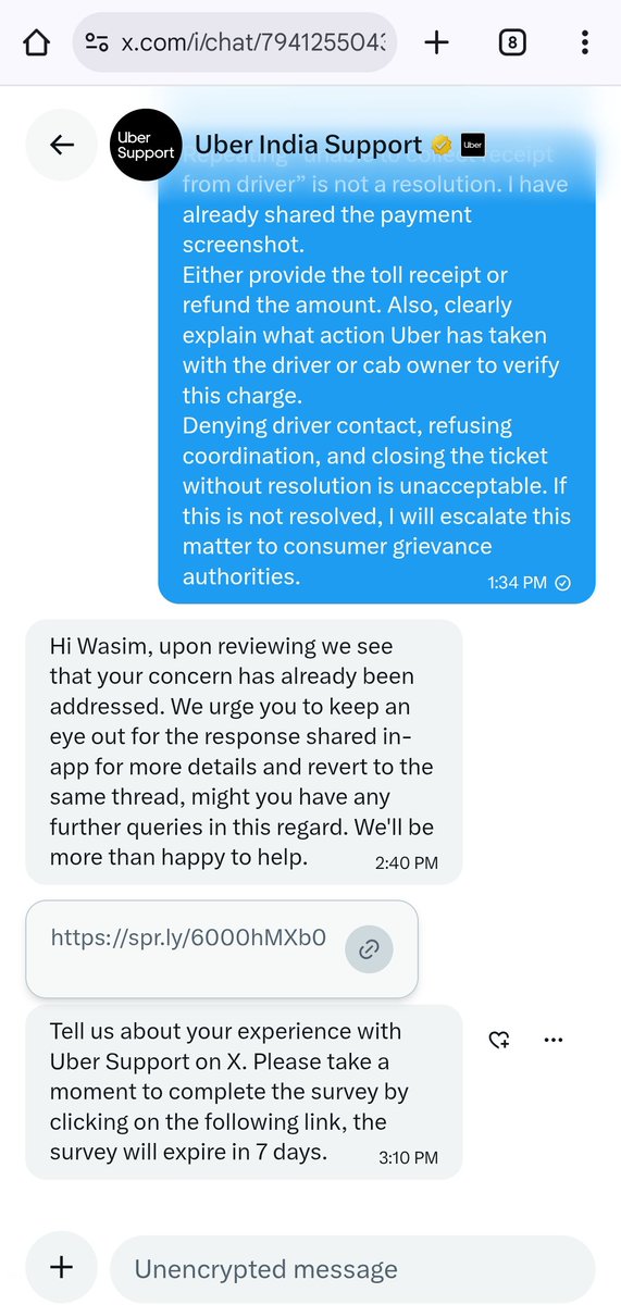WasimAnwar265's tweet photo. @UberIN_Support Attaching screenshots of Uber’s in-app support reply and DM reply. Please explain which of these is the “resolution”? There is no toll receipt, no refund, and no details of any action taken. @Uber_IN @prabhjeet_s 
#UberIndia #FalseResolution #CustomerRights https://t.co/QlS7KShT6e