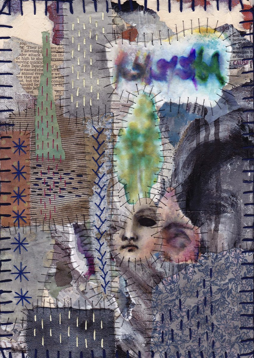 “Peak-a-boo” -06.02.2026 

.. 

#tearingupoldpaintings #paintingonfabric #outsiderart #dollhead #textileart #paperandfabriccollage #acrylicpainting #stitchingoncanvas