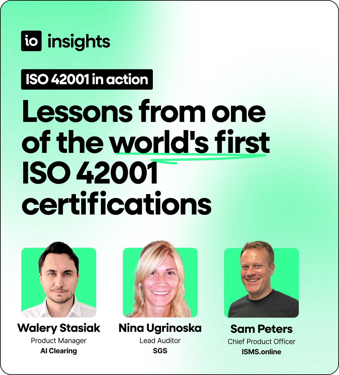 isms_online's tweet photo. Getting #ISO42001 right means embedding #AI #Governance into operations strategically. In our webinar, hear from AI Clearing on their ISO 42001 #Certification journey and the audit body that assessed them: https://t.co/WwKWkccbPu https://t.co/cfUQ1K35Dv