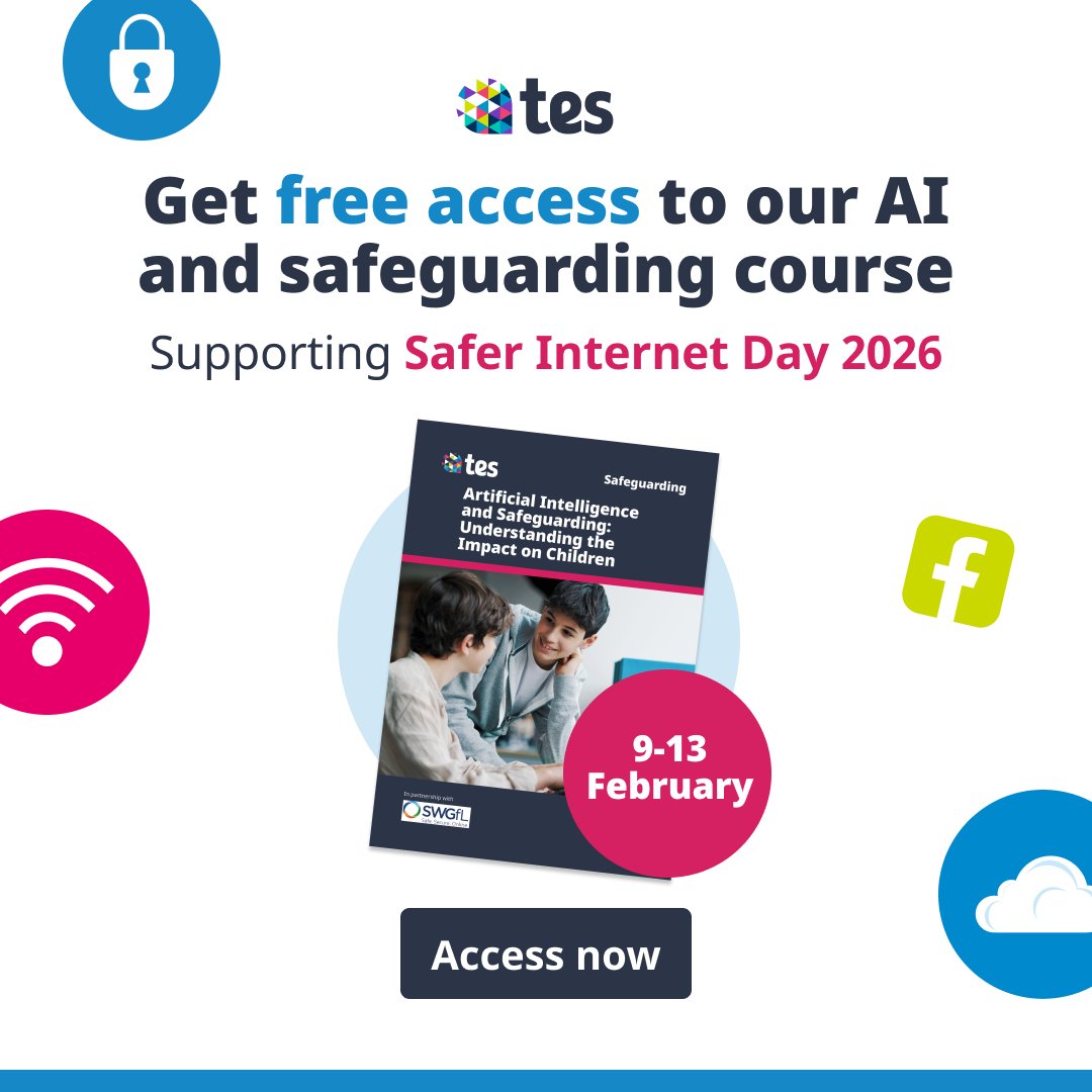 To support <a href="/safeinternetday/">Safer Internet Day</a>, we’re giving away our AI &amp; Safeguarding course 🤖🔒
💸 Normally £32.99
🗓️ Free from 9–13 Feb
👉Get it in our shop eu1.hubs.ly/H0rzJCG0

#SaferInternetDay #TesSafeguarding #AICourse #SafeguardingTraining #OnlineSafety #SWGfL #ChildNet