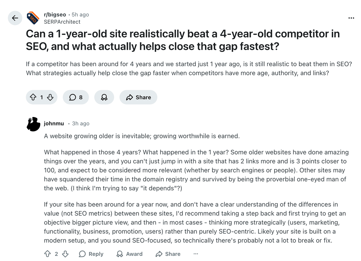 ICYMI: Google on if a one year old web site can beat an older 4 year old website in SEO seroundtable.com/old-young-webs…