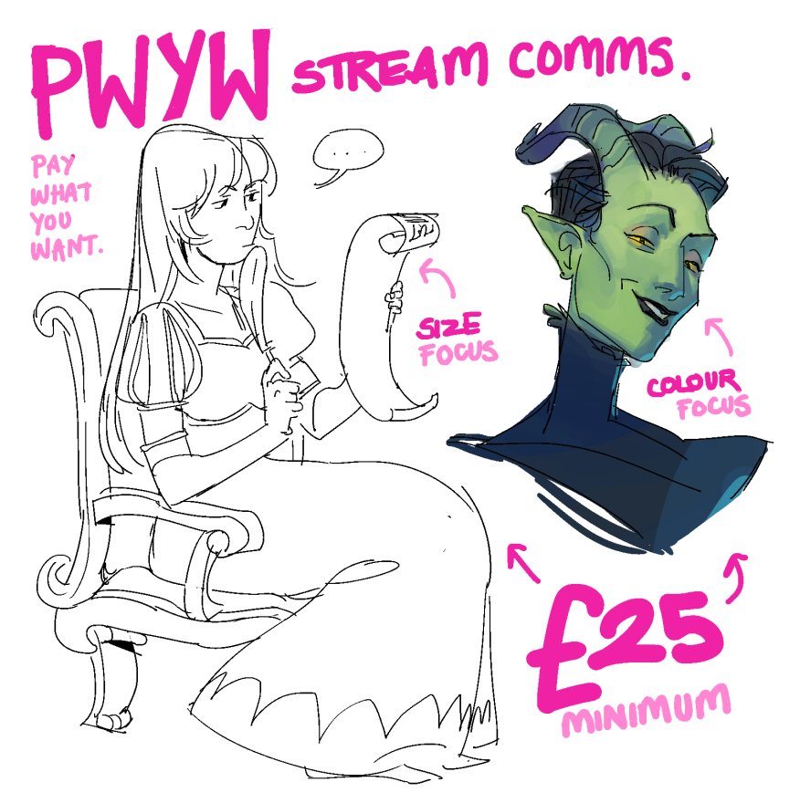 in 7 hours I will be doing a PWYW commission stream!! slots will open when the stream starts on twitch
6PM GMT!!!