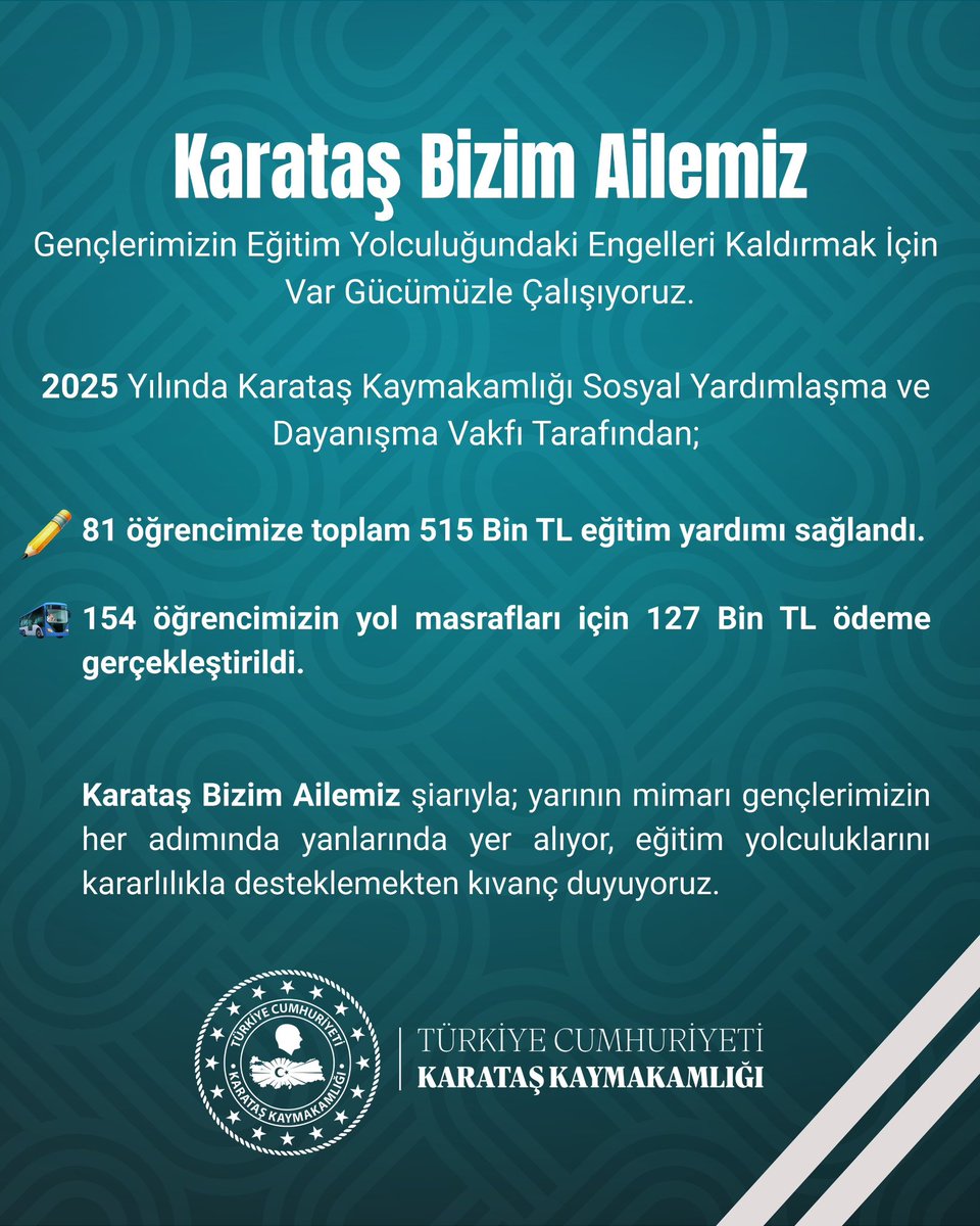 🎓 Gençlerimizin eğitim yolculuğundaki engelleri kaldırıyoruz.

📌 2025’te:
✏️ 81 öğrenciye 515 Bin TL eğitim yardımı sağlandı.
🚎 154 öğrenciye 127 Bin TL yol desteği gerçekleştirildi.
📩 2026’da da yılda 2 gidiş–2 dönüş bilet desteği (bilet başı 1.900 TL’ye kadar) devam ediyor.