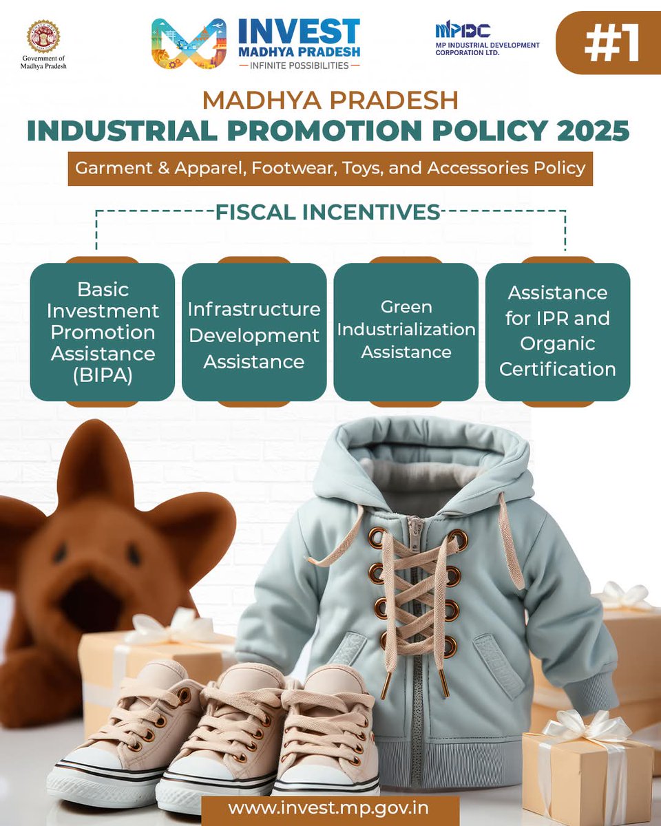 MPIDC's tweet photo. Additional incentives beyond general manufacturing incentives under IPP 2025 for Garment & Apparel, Footwear, Toys & Accessories Sector
#InvestMP #MPIDC #IndustrialPromotionPolicy2025 #PolicyDrivenGrowth #MadhyaPradesh #InfinitePossibilities https://t.co/eczqkwvswh