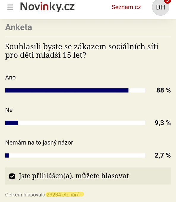 Ve formulaci té ankety je překlep, správně to mělo být:

Souhlasili byste s tím, aby pod záminkou zákazu sociálních sítí dětem mladším 15 let zavedla vláda povinnost registrovat se pro přístup na sociální sítě občankou, aby tak měla přístup ke všemu, co píšete?