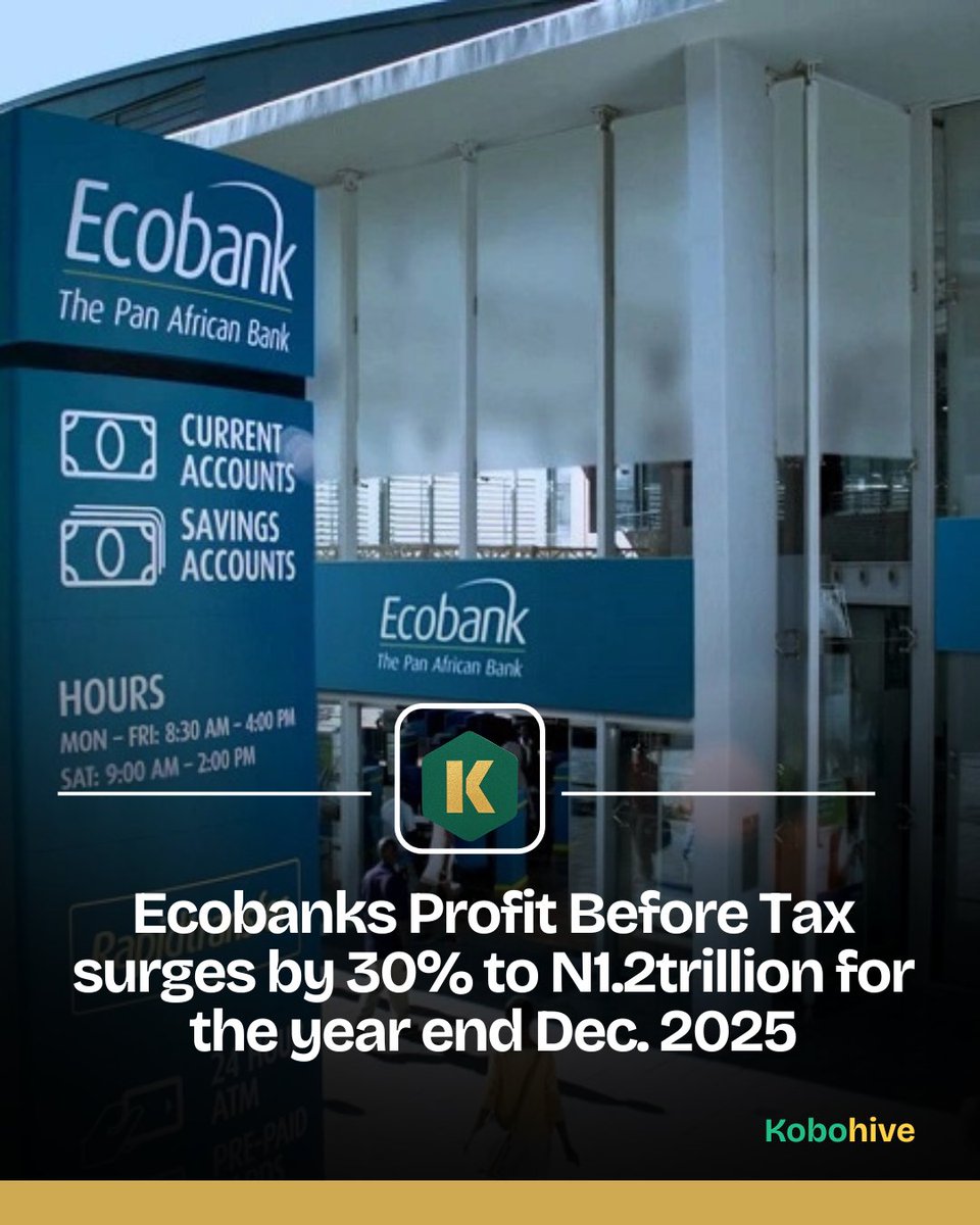 kobohive's tweet photo. Ecobank Transnational Incorporated has posted its unaudited financials for the year ended 31 December 2025, recording a 14 per cent rise in its gross earnings buoyed by expansion in its interest income.

#nigerianstockmarket #nigerianstocks https://t.co/0rQXNN8EXE