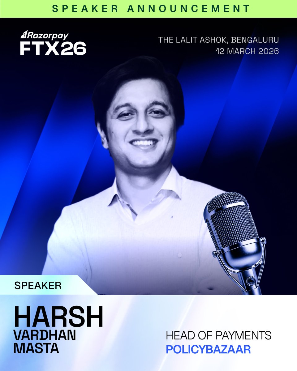 Razorpay's tweet photo. Harsh Vardhan Masta is coming to FTX26.
Head of Payments at @policybazaar, driving payments innovation across one of India’s largest insurance platforms.
Catch him live on the FTX26 stage.

🗓️ 12th March, 2026
📍 The LaLit Ashok, Bengaluru

#RazorpayFTX26 https://t.co/bE1fTwxJIS
