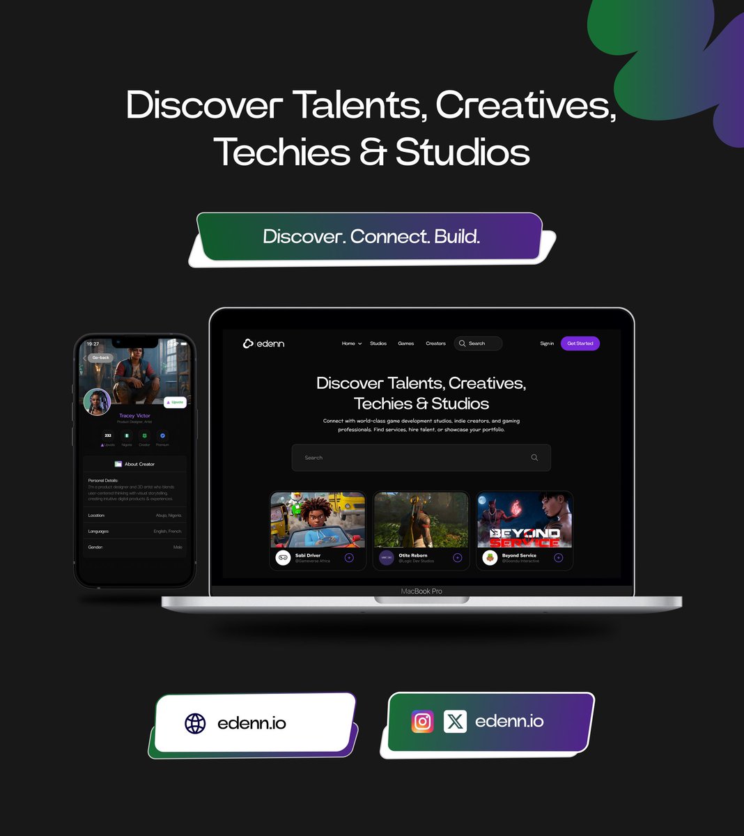 We’re LIVE.

Edenn is officially launched, a platform to discover, connect, and showcase creative tech talent and studios.

Let’s build. Let’s connect.
Welcome to Edenn.

edenn.io
