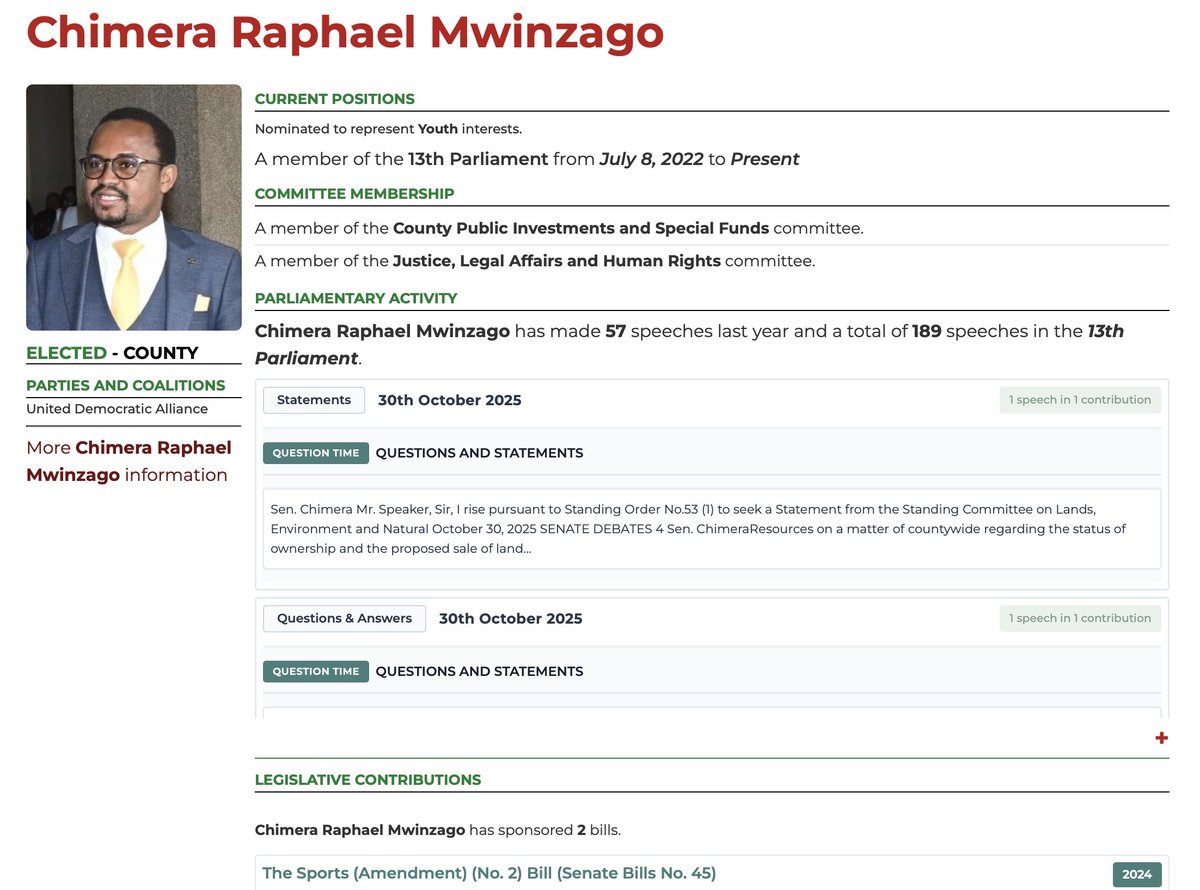 MzalendoWatch's tweet photo. We give you a richer experience on the Members' profiles. Beyond their biographical data, we have linked MPs hansard contributions to their profiles, highlighted the Bills they have sponsored and featured the voting history throughout the term of this #13thParliament

Here's an example of how the MPs' profiles now look like 👇

#KaguaMbunge #ScorecardMkononi #TheShadowHansard