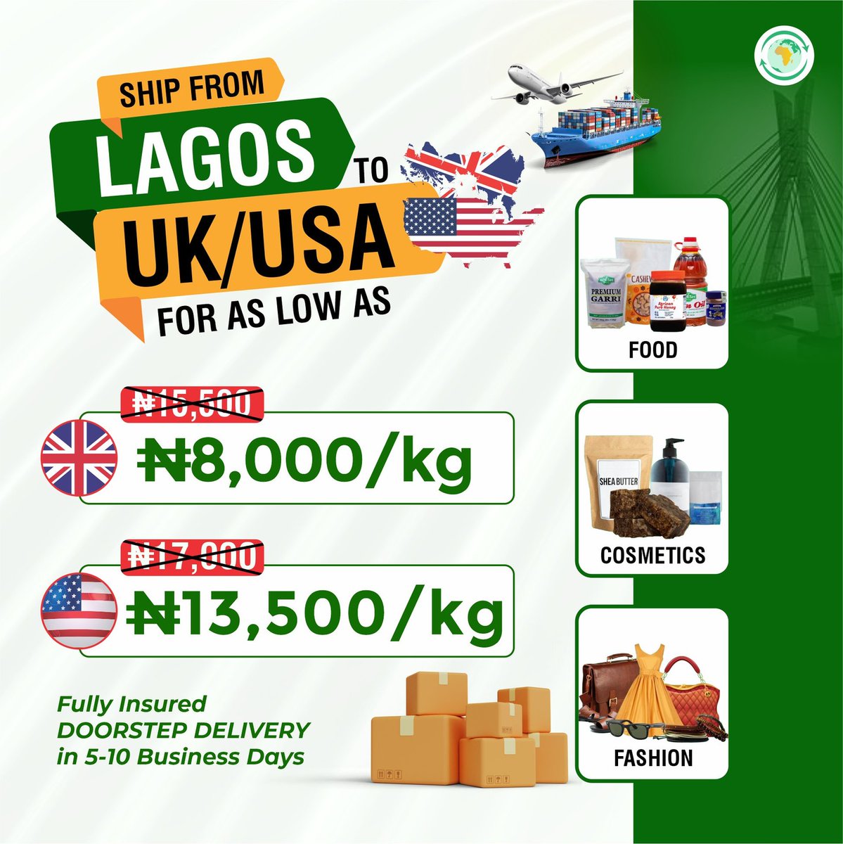Shipping from Lagos to the UK/USA made easy with Africanies.

✔ UK from ₦8,000/kg
✔ USA from ₦13,500/kg
✔ Fully insured, doorstep delivery in 5–10 days

Book your shipment today. Call 0700 800 7000

#Export #ShipFromNigeria #FastDelivery #WorldwideShipping #ExportMadeEasy