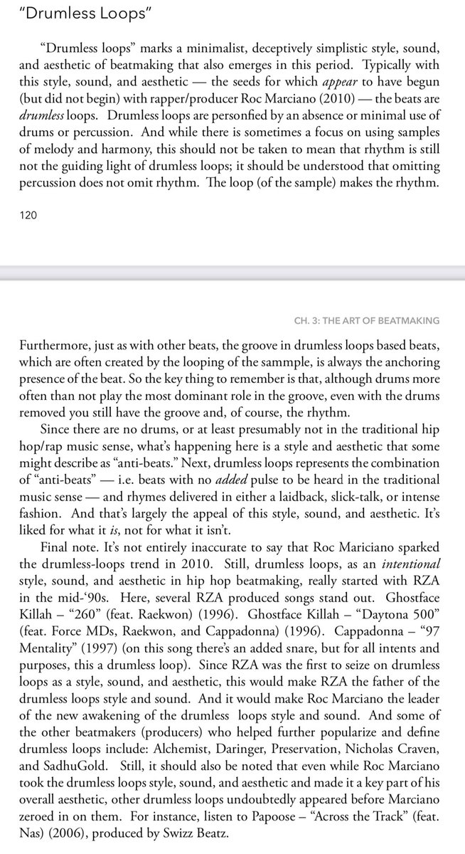 BeatTipsManual's tweet photo. “In terms of the "drumless hip hop" aesthetic that was best popularized (not first done) by Roc Marciano in 2010, there's some confusion about and misrepresentation of what ‘drumless’  actually means.” https://t.co/hFn4kEdcY1