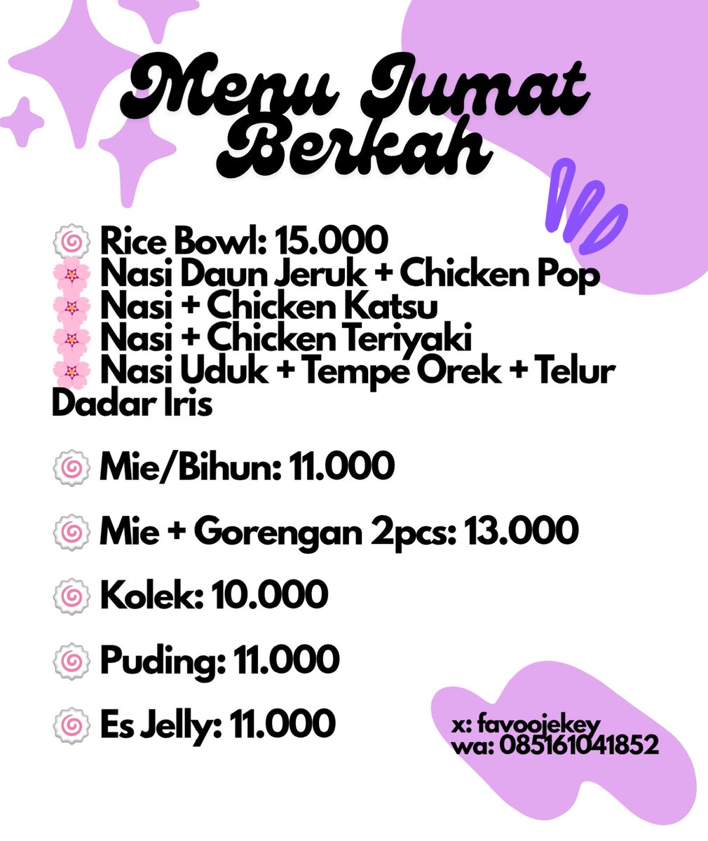 Temen-temen minta tolong bantu RT ya please🥺🙏

Open donasi berbagi makanan untuk jumat berkah sebelum ramadhan🥰💜 Start 10k ya, akan dibagikan ke masjid, panti asuhan, ojol &amp; tunawisma. Tanpa minimal order, jadi boleh banget berbagi berapapun💜

📍Jakbar