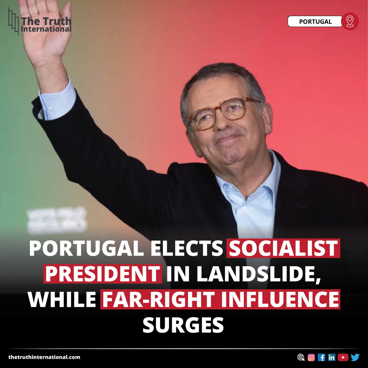 ttimagazine's tweet image. Portugal Elects Socialist President in Landslide, While Far-Right Influence Surges

FIND MORE: thetruthinternational.com/portugal-elect…

#Portugal #Elects #Socialist #President #Landslide #FarRight #Influence #TTI