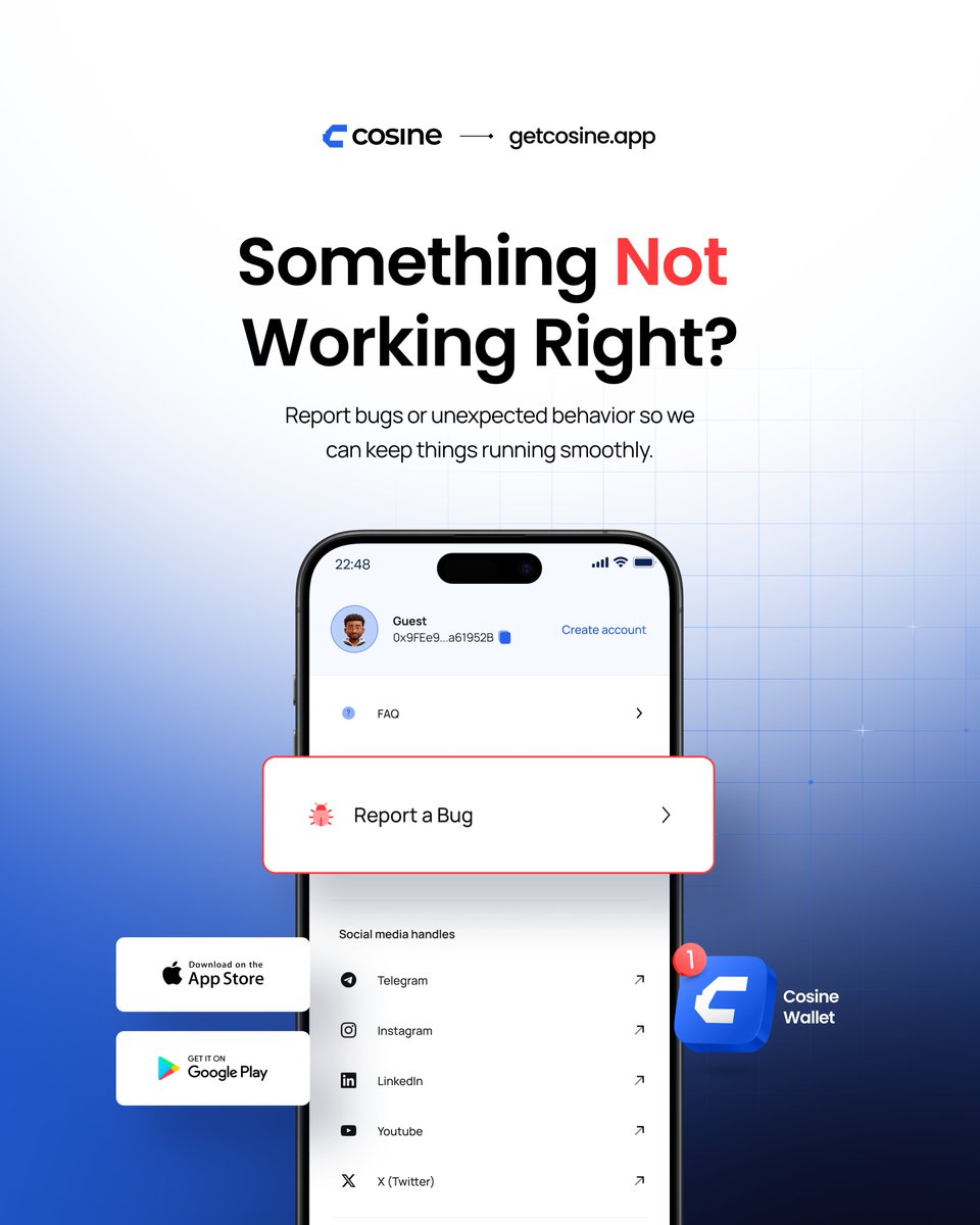 Something not working right?
Report bugs or unexpected behavior and help us keep Cosine Wallet running smoothly. 🛠️
#CosineWallet #Web3 #Crypto