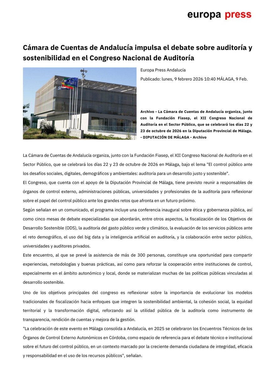 📰 Comenzamos la difusión en los medios de comunicación del XII Congreso Nacional de Auditoría que, organizado por la <a href="/CamaraCuentas/">Cámara de Cuentas de Andalucía</a> y la <a href="/FiasepFundacion/">Fundación FIASEP</a> , se celebrará en la <a href="/diputacionMLG/">Diputación de Málaga</a>   los días 22 y 23 de octubre.
ℹ️ Fuente: <a href="/europapress/">Europa Press</a>