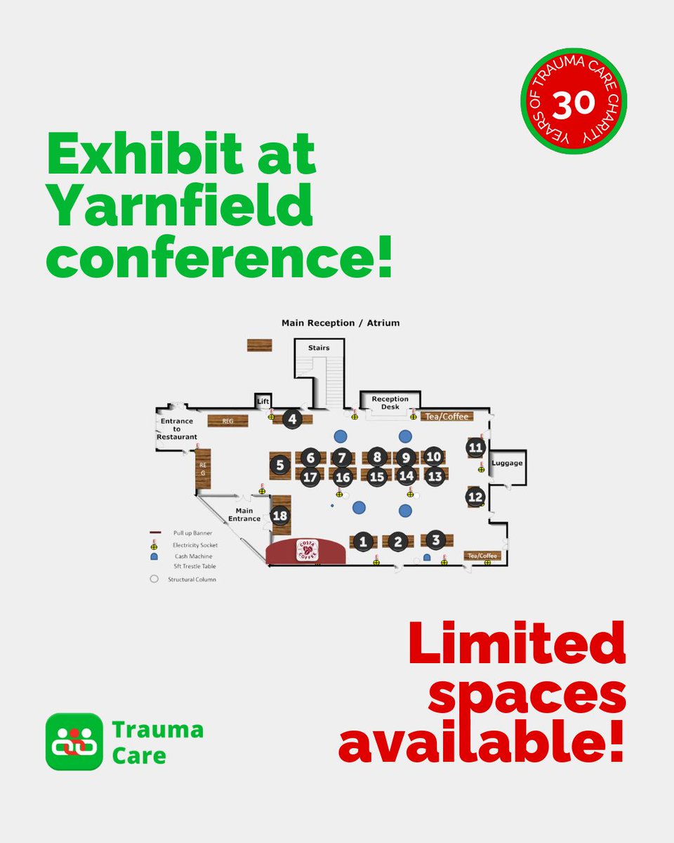 TraumaCareUK's tweet image. 📣 Show off your brand at the Yarnfield Conference!

We still have exhibition spaces available March 9th–12th, 2026, with prices starting from just £700! 
📧 Email admin@traumacare.org.uk to find out more and secure your spot.

#TraumaCare #Yarnfield #YarnfieldConference