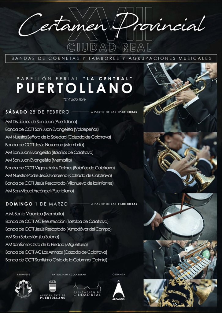 Os presentamos el Cartel del XV Certamen Provincial de Bandas de CCTT y AM de Ciudad Real, que este año se celebrará en Puertollano, los días 28 de Febrero y 1 de Marzo, organizado por <a href="/ARCANGEL_AM/">A.M. ARCÁNGEL</a> 

¿Os lo vais a perder?

#CertamenProvincial #BandasCiudadReal