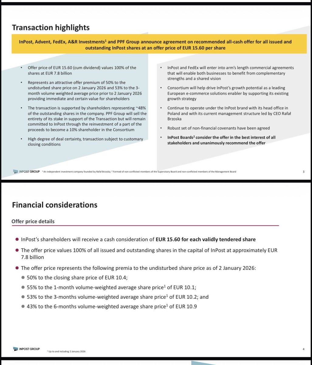 Very disappointing $INPST news today. A €7.8b purchase price values InPost at 6.5x NTM consolidated EBITDA, ~7-10x FCF, and 4x stand-still FCF. This is an absolute steal of a price for a world-class business and I encourage shareholders to vote no at the EGM.