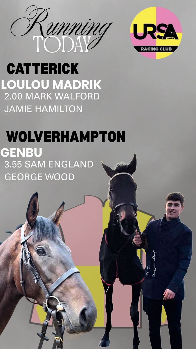 Happy Monday everybody! 

Two runners in the battenburgs today 

Loulou Madrik goes to <a href="/CatterickRaces/">Catterick Racecourse</a> and we hope he can continue his great form

Genbu goes to <a href="/WolvesRaces/">Wolverhampton Races</a> after a spell of hurdling 

Best of luck! 🍀