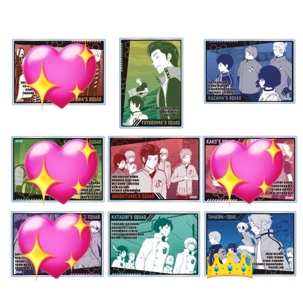 ワールドトリガー ワートリ 箔入りアクリルカードコレクション 第1弾 A級部隊
【交換/譲渡】
譲○ 冬島隊、風間隊、嵐山隊、片桐隊

求○ 玉狛第一または定価+送料

玉狛第一含む場合古寺6番隊含む交換も可
36点予約済み