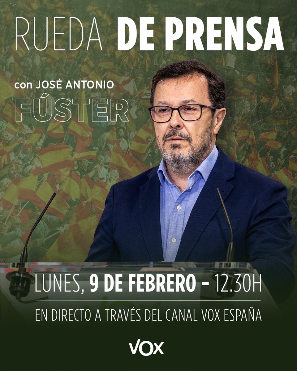 ‼️ Rueda de prensa de nuestro Portavoz Nacional <a href="/joseafuster/">José Antonio Fúster</a>.

En directo a las 12:30 h. a través de nuestro canal de YouTube.

👉🏼youtube.com/live/FjJYAgD2m…