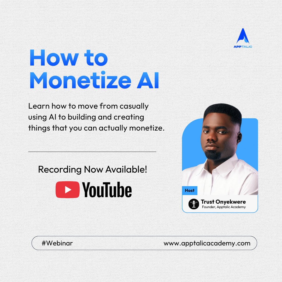 apptaliclab's tweet photo. Thank you to everyone who joined the How to Monetize AI webinar. 

It was an amazing session with practical ideas on how you can start earning with AI today.

If you missed it or want to watch again, the full recording is now live on YouTube.

Watch here: https://t.co/T4BRrgo57I