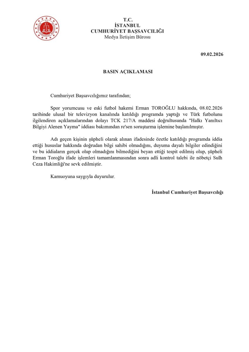 SON DAKİKA | İstanbul Cumhuriyet Başsavcılığı, Erman Toroğlu hakkında  'halkı yanıltıcı bilgiyi alenen yayma' suçlamasıyla soruşturma başlattı.