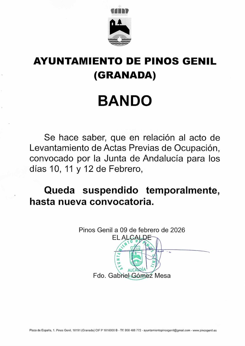 Bando Municipal
El acto de Levantamiento de Actas Previas de Ocupación, convocado por la Junta de Andalucía para los días 10,11 y 12 de febrero, queda suspendido temporalmente hasta nueva convocatoria.
#PinosGenil