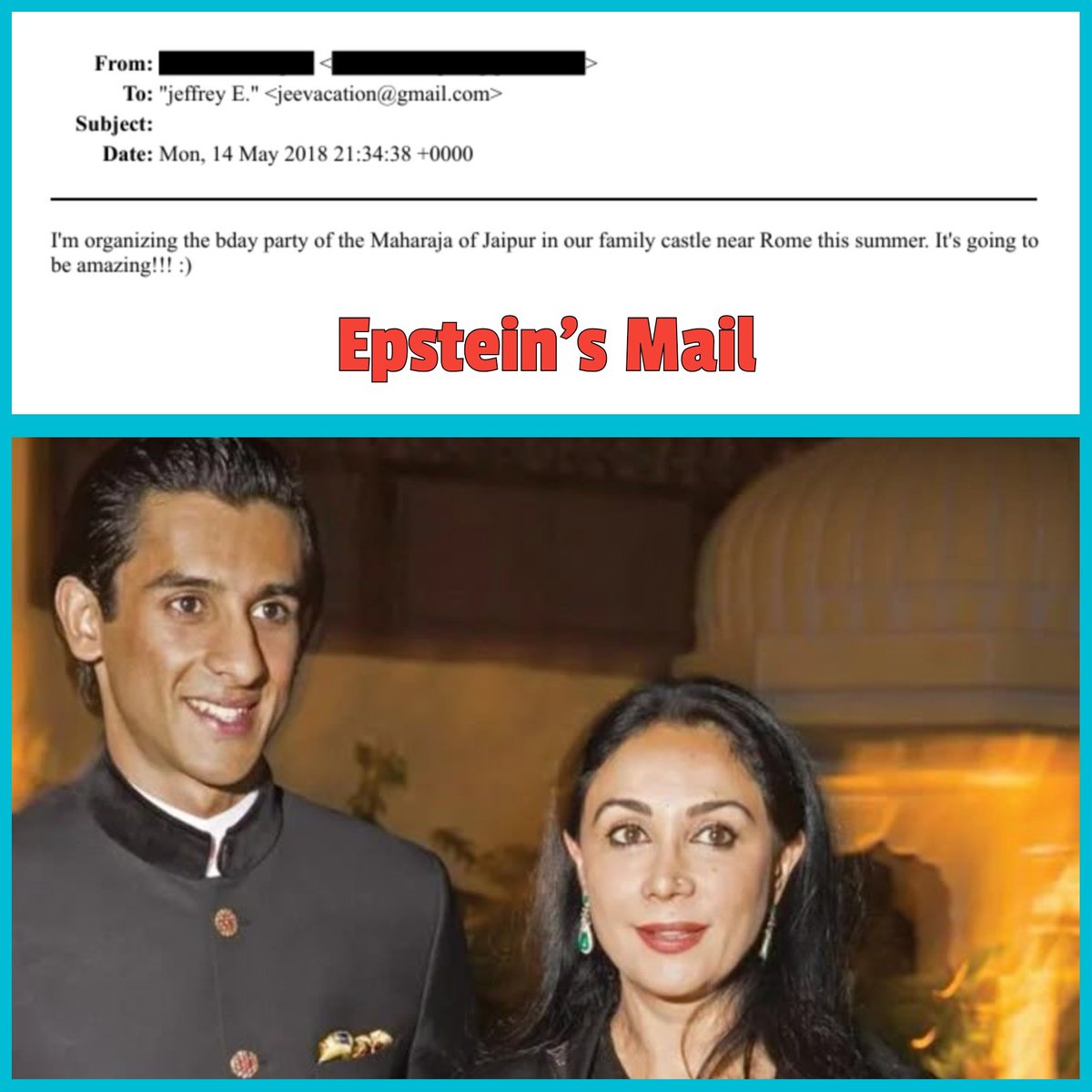 EXPOSÉ 🔥

Epstein Associate Organized BJP Deputy CM's Son's Lavish Rome Birthday Bash !? 💥🛡️

Shocking email from May 14, 2018, to Jeffrey Epstein: 
"I'm organizing the bday party of the Maharaja of Jaipur in our family castle near Rome this summer. It's going to be amazing!!!