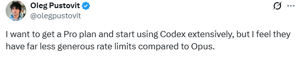 defnotananon's tweet photo. @olegpustovit @Dimillian Whole TL: Wow! It is so insane how much Codex usage you get just on the $20 ChatGPT sub.

This guy: https://t.co/iUTu7Zg7SG