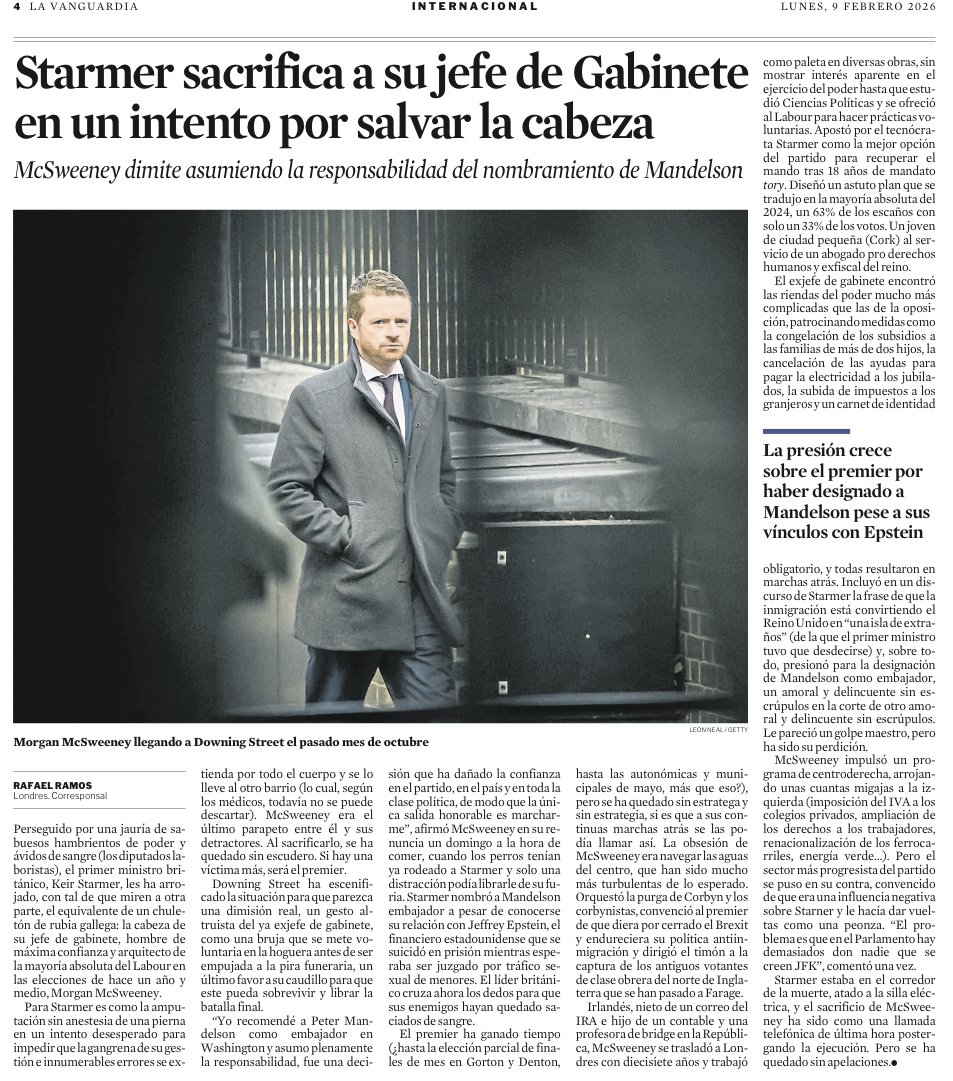 toniaira's tweet photo. Tras el escándalo por la relación de Peter Mandelson con Epstein, no dimite el ministro del Foreign Office sino el #jefedegabinete de Starmer por haberlo aupado como embajador en EEUU, y evidencia el peso del #dirgab del líder del Ejecutivo, que influye más que muchos ministros. https://t.co/edG9mikWoe