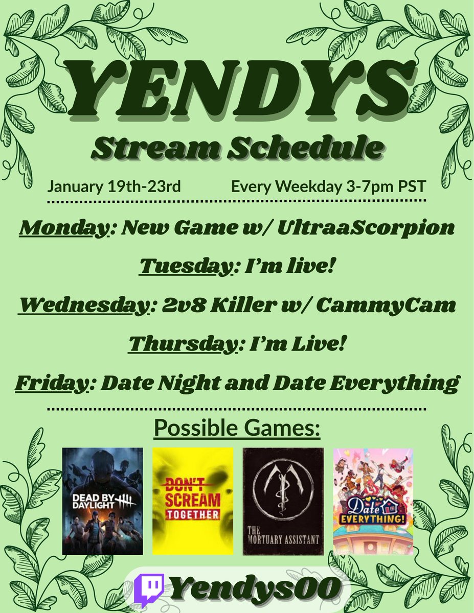 Here's the schedule for the week! Can't wait to see you guys <3