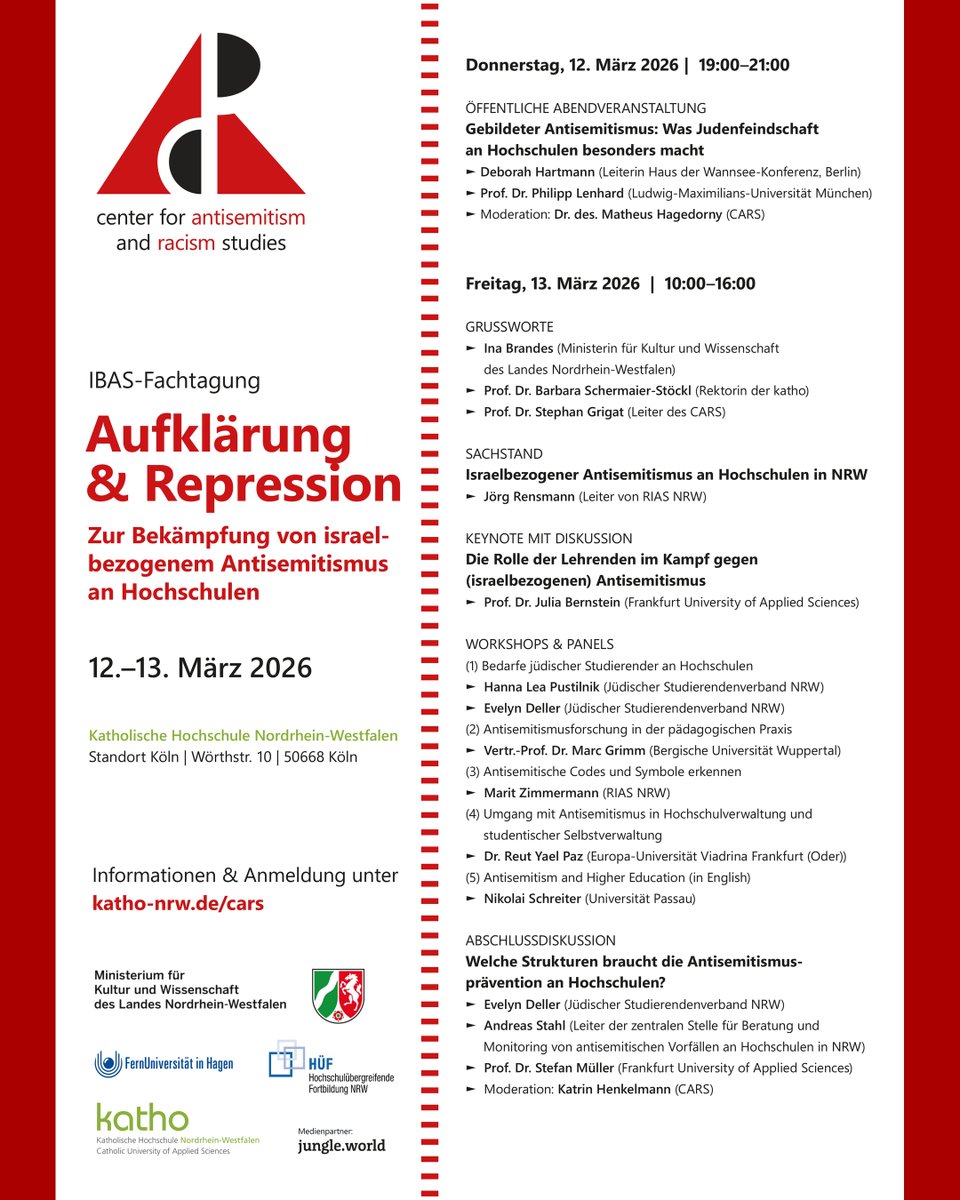 CARSkatho's tweet image. Die Wochenzeitung @Jungle_World fungiert als Medienpartner bei unserer Tagung "Aufklärung &amp;amp; Repression: Zur Bekämpfung von israelbezogenem Antisemitismus an Hochschulen" in Köln, für die man sich noch bis Anfang März anmelden kann: katho-nrw.de/events/anmelde…
#antisemitismus #israel