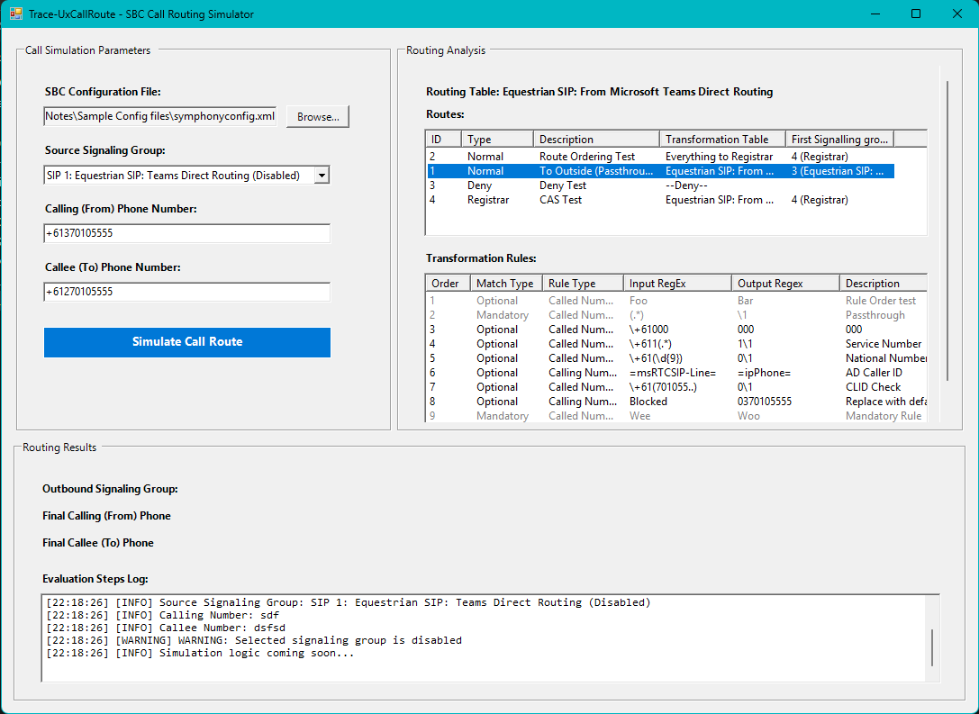 I might have gotten a little carried away.
I wanted a way to simulate call routing on Ribbon SBC's
Parses a config file, finds Routes > TransTables > Rules. Marks disabled routes, warns for AD rules (cant simulate those) 
Not bad for a few hours with #GitHubCopilot