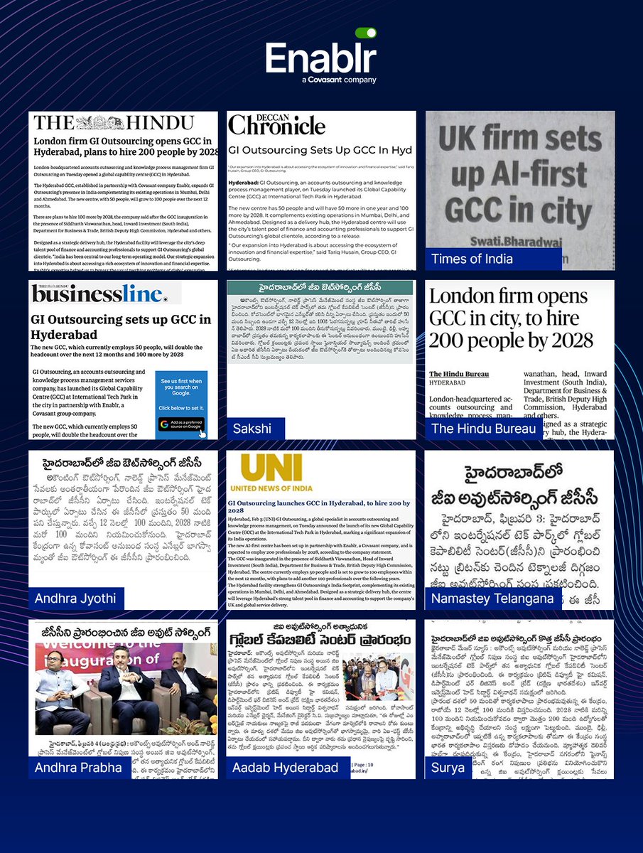 GCCenablr's tweet photo. The inauguration of GI Outsourcing’s new Global Capability Center (GCC) in Hyderabad, is making news. We are proud to partner with GI Outsourcing as they mark a major milestone with the launch of their new AI-first GCC in Hyderabad. 
https://t.co/sz2Yx6x9J0.

#GCC #Hyderabad https://t.co/UeraLzW12A