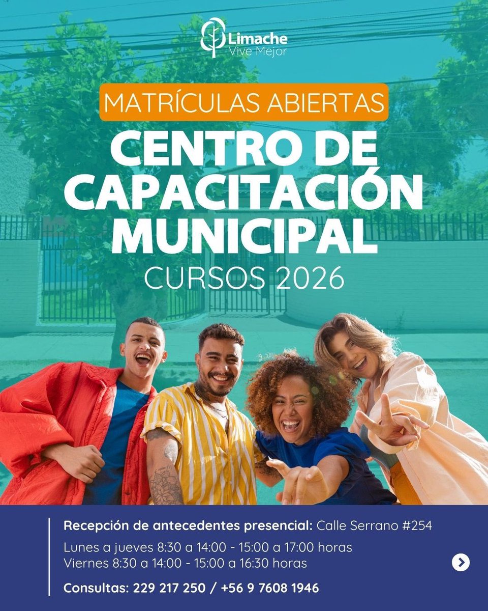 grupolibracl's tweet photo. ¡Matrículas abiertas – Cursos 2026!
Ya puedes postular a los cursos del Centro de Capacitación Municipal de Limache y dar un paso más en tu desarrollo personal y laboral. https://t.co/d0dYgihhVn