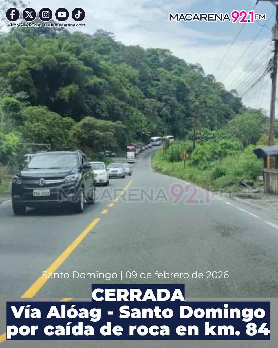 🚨🔴ATENCIÓN | Vía Alóag - #SantoDomingo está cerrada debido al desprendimiento de una roca de gran tamaño en el km 84 y otro deslizamiento registrado en la jurisdicción de Santo Domingo.

Se recomienda tomar vías alternas.
#📍09-FEB-2026   06:10 AM