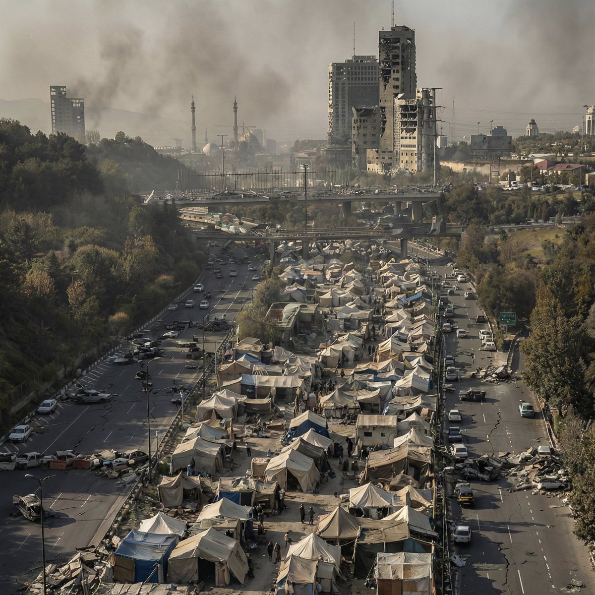 h0d3r_fa's tweet image. بزرگراه مدرس، چند ماه پس از آزادی تهران با بمبهای ترامپ. #پس_از_آزادی