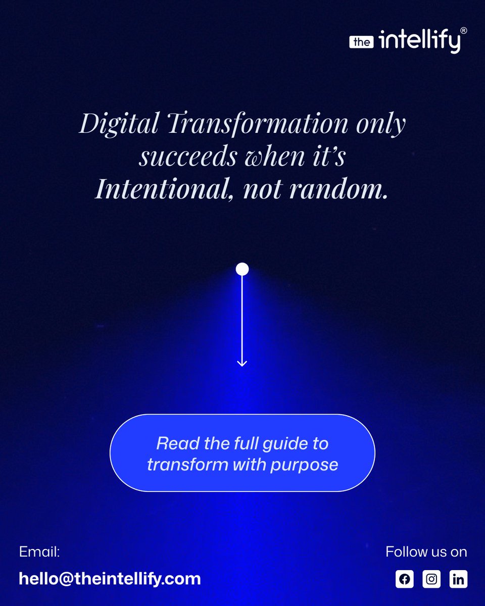 Digital transformation isn’t a tech upgrade.
It’s a strategy shift.

When intent leads, tech follows.
Read the full guide → (theintellify.com/digital-transf…)

#DigitalTransformation #TechMatters #TheIntellify