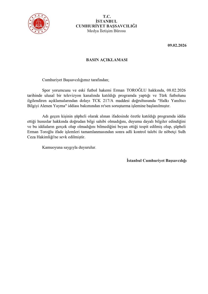 🚨İstanbul Cumhuriyet Başsavcılığı, Erman Toroğlu hakkında 'halkı yanıltıcı bilgiyi alenen yayma' suçlamasıyla soruşturma başlattı.