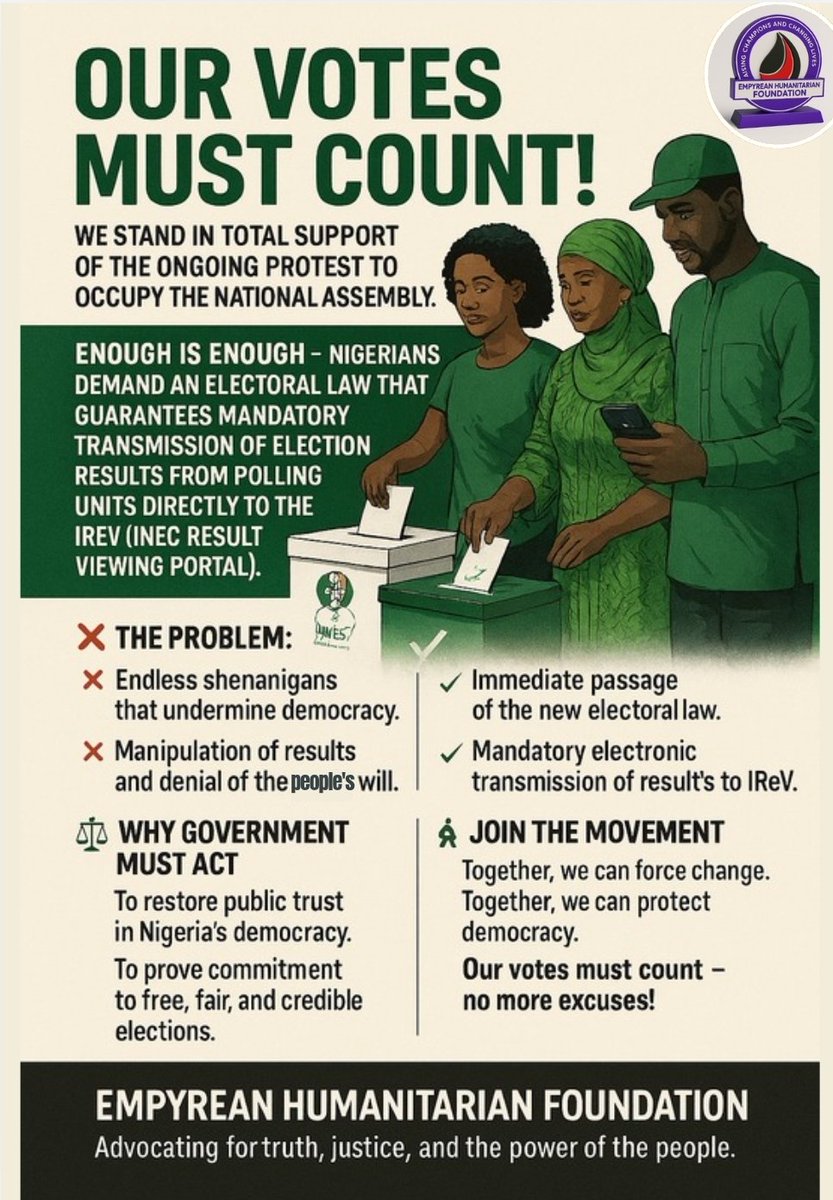 ✊🏾 Our Votes Must Count!  
We stand with the movement to #OccupyNationalAssembly.  
Nigerians demand electoral reform — mandatory transmission of results to IReV is non-negotiable.  
<a href="/inecnigeria/">INEC Nigeria</a> <a href="/SenGodswill/">Sen. Godswill Akpabio, GCON</a>
<a href="/IretiKingibe/">Sen. Ireti Kingibe</a> <a href="/NGRPresident/">Presidency Nigeria</a>
<a href="/RepRileyMoore/">Rep. Riley M. Moore</a> <a href="/ARISEtv/">ARISE NEWS</a>
#ProtectDemocracy